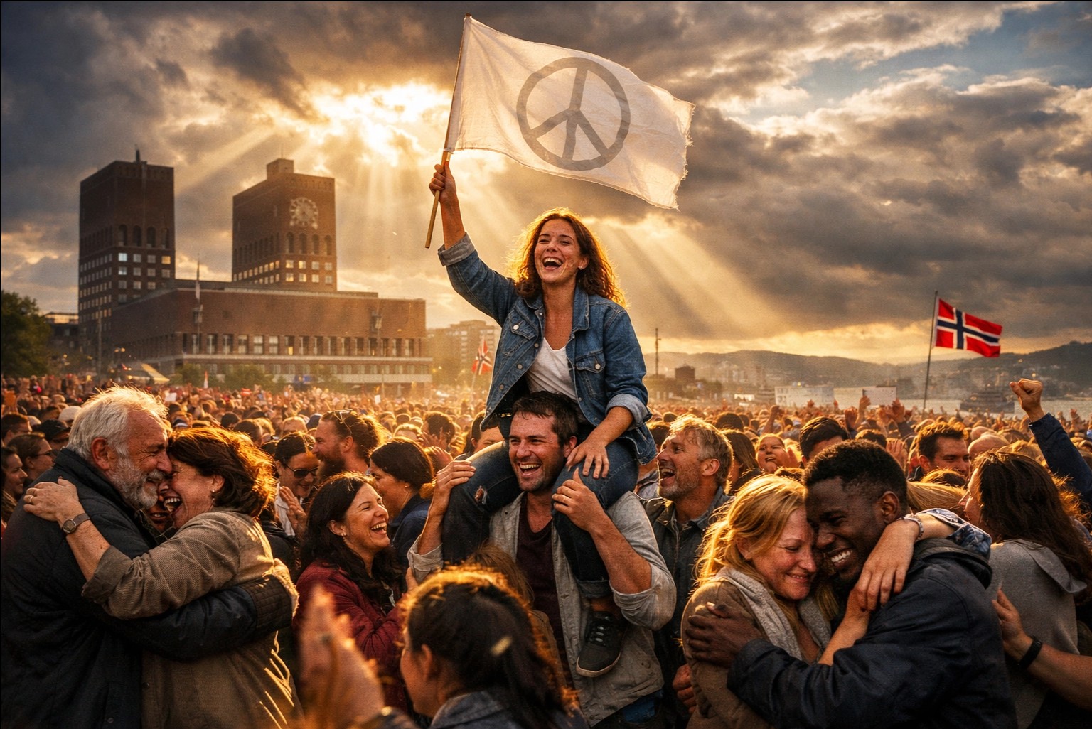 Friedensfeier in Oslo &ndash; eine Frau mit Friedensfahne auf den Schultern inmitten einer jubelnden Menschenmenge