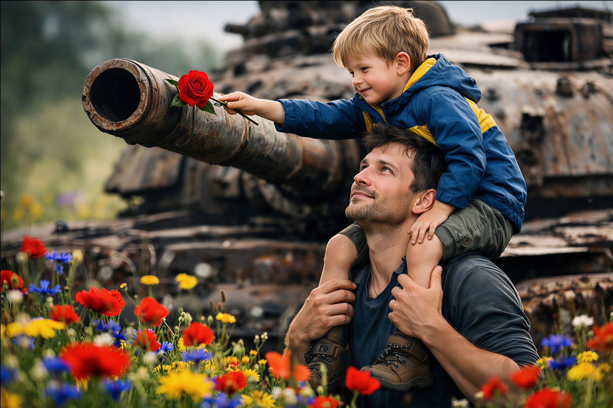 Ein Kind auf den Schultern seines Vaters steckt eine rote Rose in das Rohr eines verrosteten Panzers &ndash; umgeben von Wildblumen
