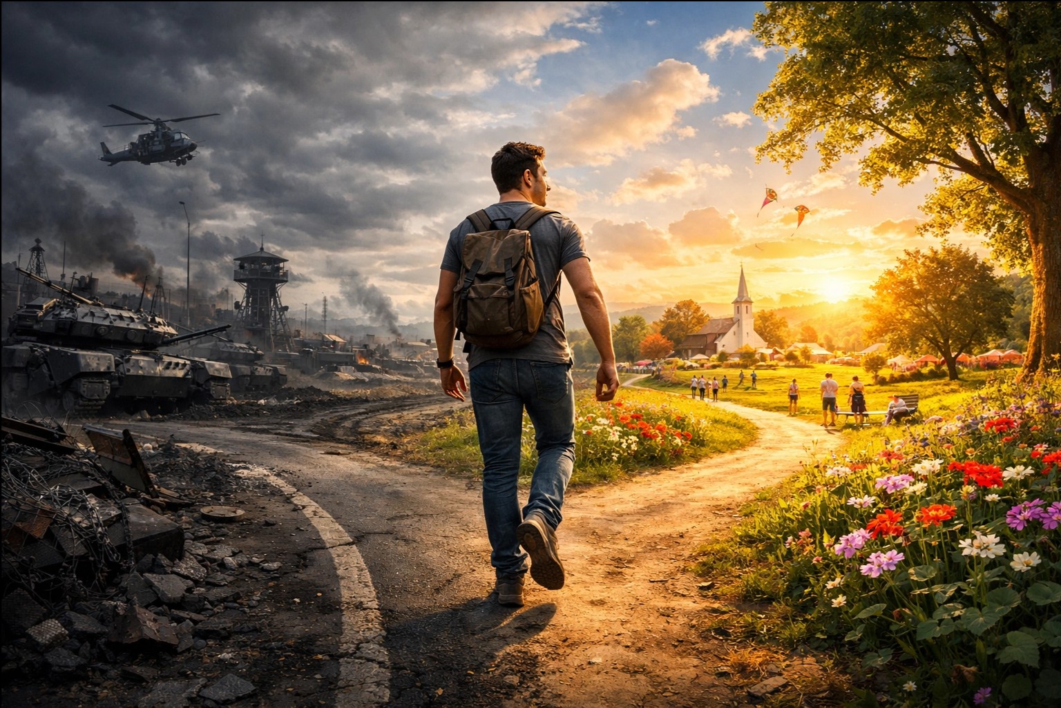 Ein junger Mann geht den Weg vom Krieg zum Frieden &ndash; links Panzer und Zerst&ouml;rung, rechts ein bl&uuml;hendes Dorf im Sonnenlicht