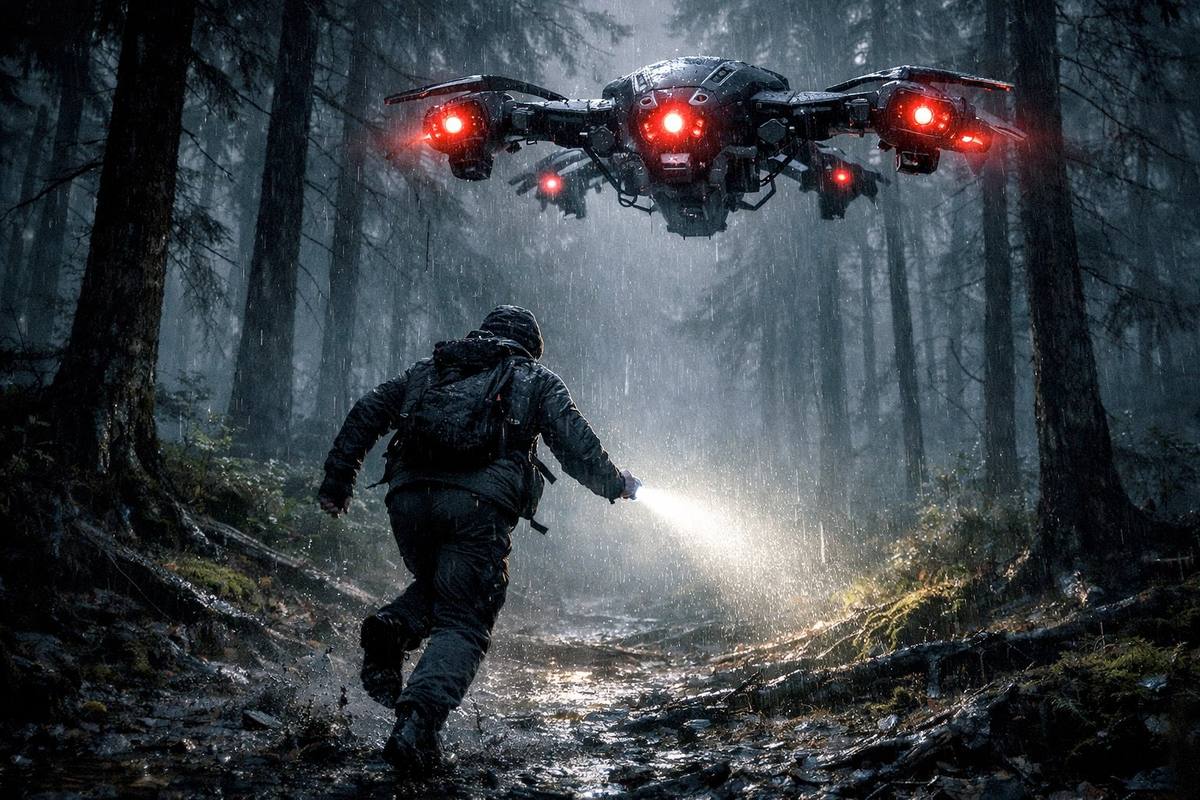 Eine bewaffnete Drohne verfolgt einen Menschen &ndash; die Realit&auml;t moderner Kriegsf&uuml;hrung